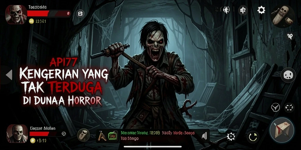 Tampilan gameplay API77 dengan suasana mencekam dan efek visual yang menakutkan.
