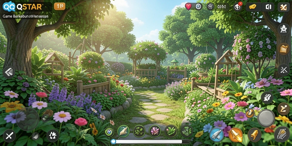 Tampilan gameplay QQSTAR menampilkan kebun yang asri dan hewan ternak yang lucu.