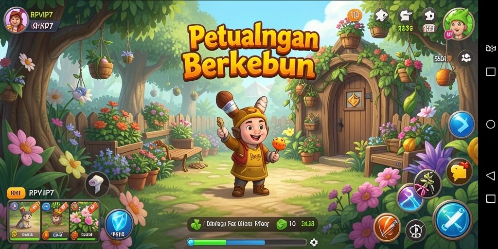 Screenshot gameplay RPVIP7 menampilkan kebun yang subur dan bunga yang berwarna-warni.