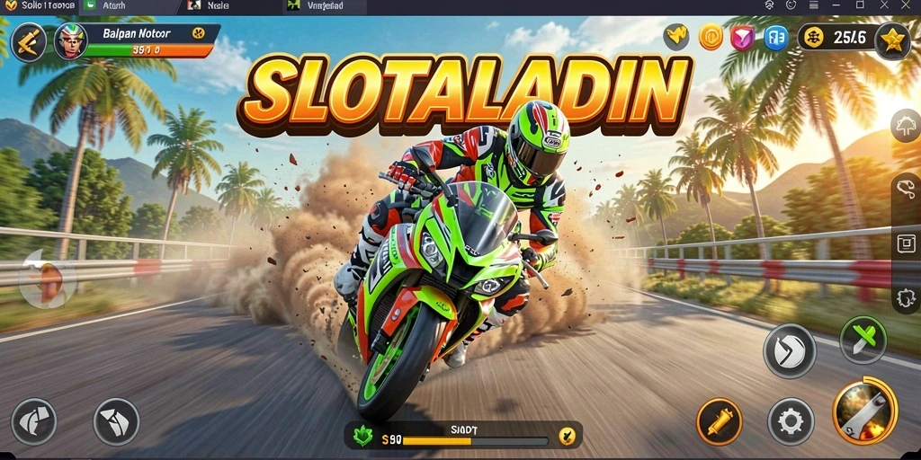 Screenshot SLOTALADIN menampilkan balapan motor yang seru dan grafis luar biasa.