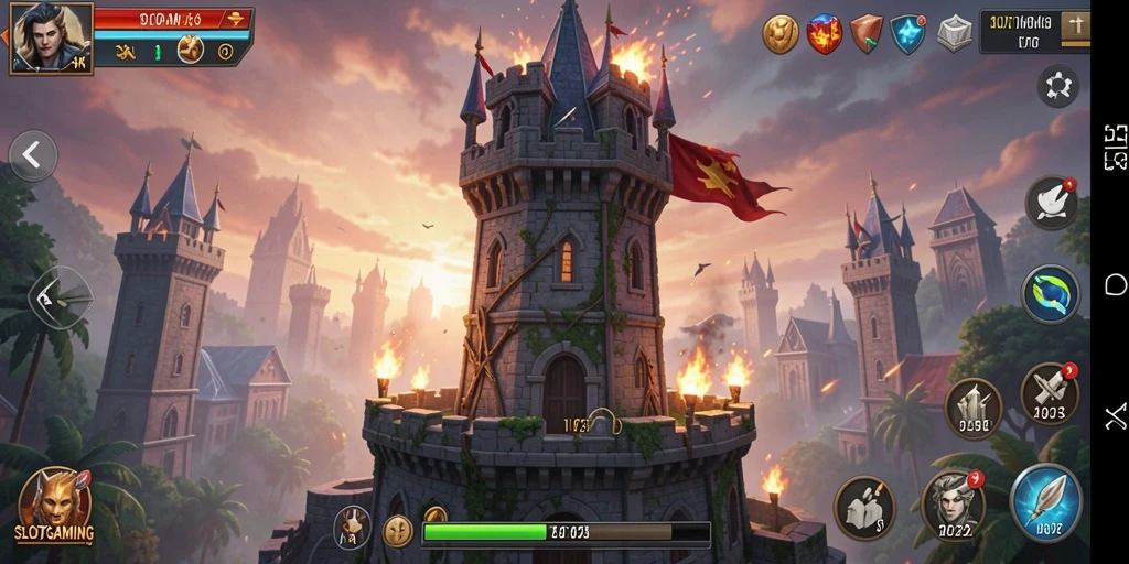 Tangkapan layar gameplay SLOTGAMING yang menunjukkan pertarungan menakjubkan di Tower Defense.