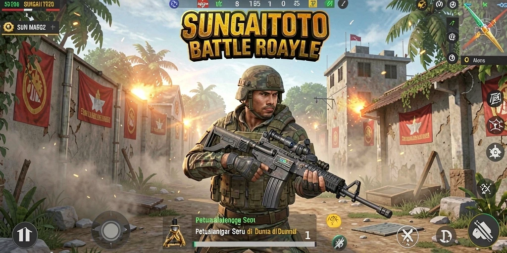Screenshot menunjukkan pertempuran intens di <strong>SUNGAITOTO</strong> dengan karakter yang beraksi.