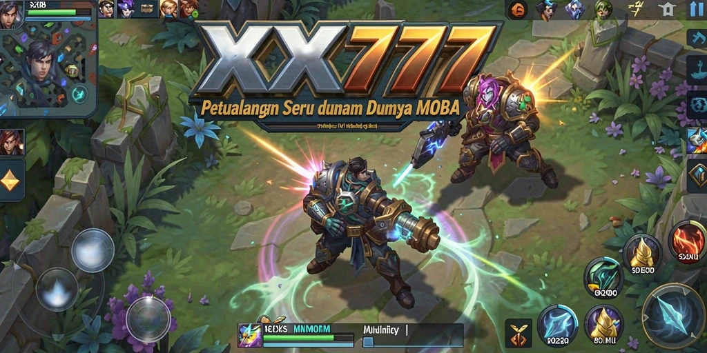 Tangkapan layar gameplay <strong>XXX777</strong> menunjukkan pertempuran seru dalam arena MOBA.